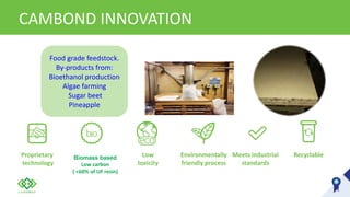 CAMBOND INNOVATION
Proprietary
technology
Biomass based
Low carbon
( <60% of UF resin)
Low
toxicity
Environmentally
friendly process
Meets industrial
standards
Recyclable
Green Board
Food grade feedstock.
By-products from:
Bioethanol production
Algae farming
Sugar beet
Pineapple
 