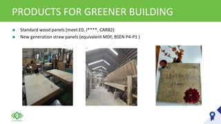 PRODUCTS FOR GREENER BUILDING
 Standard wood panels (meet E0, J****, CARB2)
 New generation straw panels (equivalent MDF, BSEN P4-P1 )
 