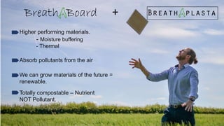 Higher performing materials.
- Moisture buffering
- Thermal
We can grow materials of the future =
renewable.
Totally compostable – Nutrient
NOT Pollutant.
+
Absorb pollutants from the air
 