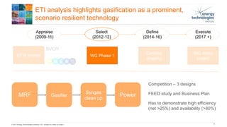 © 2017 Energy Technologies Institute LLP - Subject to notes on page 1 6
ETI analysis highlights gasification as a prominent,
scenario resilient technology
Appraise
(2009-11)
EFW project
Select
(2012-13)
Define
(2014-16)
Execute
(2017 +)
WG Phase 1
Contract
shaping
WG demo
project
MRF Gasifier
Syngas
clean up
Power
Competition – 3 designs
FEED study and Business Plan
Has to demonstrate high efficiency
(net >25%) and availability (>80%)
 