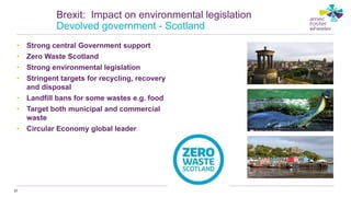 • Strong central Government support
• Zero Waste Scotland
• Strong environmental legislation
• Stringent targets for recycling, recovery
and disposal
• Landfill bans for some wastes e.g. food
• Target both municipal and commercial
waste
• Circular Economy global leader
37
Brexit: Impact on environmental legislation
Devolved government - Scotland
 