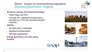 • Business, Energy and Industrial Strategy
• Green Paper Jan 2017
• Innovate UK – significant funding being
provided e.g. £15m for manufacturing and
materials
• DEFRA
• No clear policy / backwater
• Stagnant recycling levels
• Voluntary agreements
• Energy generation not clear going
forward
39
Brexit: Impact on environmental legislation
Devolved government - England
 
