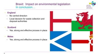 • England
• No central direction
• Local decision for waste collection and
disposal authorities
• Scotland
• Yes, strong and effective process in place
• Wales
• Yes, strong and effective process in place
82
Brexit: Impact on environmental legislation
In conclusion…
 