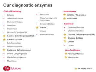 Clinical Chemistry
 Catalase
 Cholesterol Esterase
 Cholesterol Oxidase
 Creatinase
 Creatininase
 Glucose-6-Phosphate DH
 Glucose Dehydrogenase (FAD)
 Glucose Oxidase
 Beta Glucosidase
 Beta Glucuronidase
 Glutamate Dehydrogenase
 Lactate Dehydrogenase
 Malate Dehydrogenase
 Mutarotose
Our diagnostic enzymes
 Peroxidase
 Phosphoenolpyruvate
Carboxylase
 Sarcosine Oxidase
 Urease
 Uricase
 Xanthine Oxidase
Immunoassay
 Alkaline Phosphatase
 Peroxidase
Biosensor
 Cholesterol Esterase
 Cholesterol Oxidase
 Glucose Dehydrogenase (FAD)
 Glucose Oxidase
 Urease
 Uricase
Urine Test Strips
 Glucose Oxidase
 Peroxidase
BBI flagship product
 