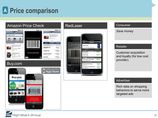 A    Price comparison
    Amazon Price Check   RedLaser   Consumer
                                    Save money




                                    Retailer
                                    Customer acquisition
                                    and loyalty (for low cost
                                    provider)
    Buy.com



                                    Advertiser
                                    Rich data on shopping
                                    behaviors to serve more
                                    targeted ads




                                                                10
 