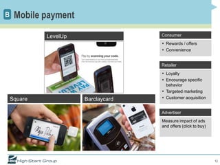 B    Mobile payment

             LevelUp                 Consumer
                                      Rewards / offers
                                      Convenience


                                     Retailer
                                      Loyalty
                                      Encourage specific
                                       behavior
                                      Targeted marketing
    Square             Barclaycard    Customer acquisition


                                     Advertiser
                                     Measure impact of ads
                                     and offers (click to buy)




                                                                 12
 