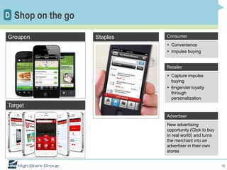 D   Shop on the go

Groupon              Staples   Consumer
                                Convenience
                                Impulse buying


                               Retailer
                                Capture impulse
                                 buying
                                Engender loyalty
                                 through
                                 personalization
Target
                               Advertiser
                               New advertising
                               opportunity (Click to buy
                               in real world) and turns
                               the merchant into an
                               advertiser in their own
                               stores


                                                           16
 