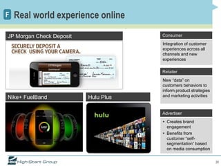 F   Real world experience online

JP Morgan Check Deposit               Consumer
                                      Integration of customer
                                      experiences across all
                                      channels and new
                                      experiences

                                      Retailer
                                      New “data” on
                                      customers behaviors to
                                      inform product strategies
Nike+ FuelBand            Hulu Plus   and marketing activities



                                      Advertiser
                                       Creates brand
                                        engagement
                                       Benefits from
                                        customer “self-
                                        segmentation” based
                                        on media consumption


                                                                  20
 