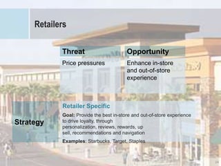 Retailers

            Threat                        Opportunity
            Price pressures               Enhance in-store
                                          and out-of-store
                                          experience



            Retailer Specific
            Goal: Provide the best in-store and out-of-store experience
Strategy    to drive loyalty, through personalization, reviews, rewards,
            up sell, recommendations and navigation
            Examples: Starbucks, Target, Staples




                                                                           24
 