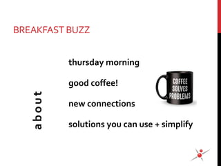 BREAKFAST BUZZ
about
thursday morning
good coffee!
new connections
solutions you can use + simplify
 