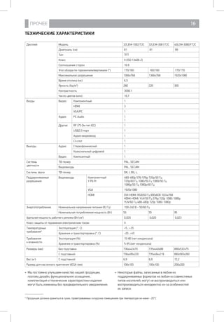 ПРОЧЕЕ 16
ТЕХНИЧЕСКИЕ ХАРАКТЕРИСТИКИ
Дисплей Модель 32LEM-1002/T2C 32LEM-3081/T2C 40LEM-3080/FT2C
Диагональ (см) 81 81 99
Тип TFT
Класс II (ISO 13406-2)
Соотношение сторон 16:9
Угол обзора по горизонтали/вертикали (°) 170/160 160/160 170/170
Максимальное разрешение 1366х768 1366х768 1920х1080
Время отклика (мс) 6,5
Яркость (Кд/м2
) 280 220 300
Контрастность 3000:1
Число цветов (млн) 16,7
Входы Видео Компонентный 1
HDMI 3
VGA/PC 1
Аудио РС Audio 1
1
Другие RF (75 Ом тип IEC) 1
USB2.0-порт 1
Аудио-видеовход 1
CI-слот 1
Выходы Аудио Стереофонический 1
Коаксиальный цифровой 1
Видео Композитный 1
Системы
цветности
ТВ-тюнер PAL, SECAM
Видеовходы PAL, SECAM
Системы звука ТВ-тюнер DK, I, BG, L
Поддерживаемые
разрешения
Видеовходы Компонентный
Y Pb Pr
480i 480p 576i 576p 720p/50 Гц
720p/60 Гц 1080i/50 Гц 1080i/50 Гц
1080p/50 Гц 1080p/60 Гц
VGA 1920х1080
HDMI DVI-HDMI: RGB/60 Гц 800х600 1024х768
HDMI-HDMI: YUV/50 Гц 576p 720p 1080i 1080p
YUV/60 Гц 480i 480p 720p 1080i 1080p
Энергопотребление Номинальное напряжение питания (В, Гц) 100-240 В ~ 50/60 Гц
Номинальная потребляемая мощность (Вт) 55 55 95
Удельная мощность рабочего режима (Вт/см2
) 0,020 0,020 0,023
Класс защиты от поражения электрическим током II
Температурные
требования*
Эксплуатация (°, С) +5…+35
Хранение и транспортировка (°, С) -20...+45
Требования
к влажности
Эксплуатация (%) 10-80 (нет конденсата)
Хранение и транспортировка (%) 5-95 (нет конденсата)
Размеры (мм) Без подставки 736x443x70 735x440x88 890x532x75
С подставкой 736x495x220 735x494x219 890x583x260
Вес (кг) С подставкой 6,9 6,9 12,2
Размер для настенного крепления VESA (мм) 100х100 100х100 200x200
•	 Некоторые файлы, записанные в любом из
поддерживаемых форматов на любом из совместимых
типов носителей, могут не воспроизводиться или
воспроизводиться некорректно из-за особенностей 	
их записи.
•	 Мы постоянно улучшаем качество нашей продукции,
поэтому дизайн, функциональное оснащение,
комплектация и технические характеристики изделия
могут быть изменены без предварительного уведомления.
* Продукция должна храниться в сухих, проветриваемых складских помещениях при температуре не ниже - 20°С
 