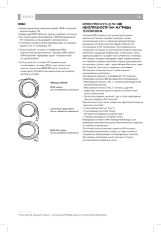 ПРОЧЕЕ 14
HDMI
• Универсальный мультимедиаинтерфейс HDMI и цифровой
видеоинтерфейс DVI.
• Поддержка HDCP (Протокол защиты цифрового контента).
• При подключении по интерфейсам HDMI/DVI разрешение
ЖК-телевизора устанавливается автоматически.
• Устройства, оснащенные DVI-видеовыходом, не передают
аудиосигнал по интерфейсу DVI.
1. Если устройство оснащено интерфейсом HDMI,
подключение осуществляется с помощью HDMI-кабеля.
HDMI позволяет передавать аудио- и видеосигналы 	
по одному кабелю.
2. Если устройство оснащено DVI-видеовыходом,
подключение к разъему HDMI осуществляется при
помощи переходника HDMI-DVI (не поставляется 		
в комплекте). В этом случае аудиосигнал на телевизор
поступать не будет.
HDMI- а
( а )
А а а а
( а )
HDMI−DVI а
( а )
О а а
КРИТЕРИИ ОПРЕДЕЛЕНИЯ
НЕИСПРАВНОСТИ ЖК-МАТРИЦЫ
ТЕЛЕВИЗОРА
Компания ВВК прилагает все усилия для создания
высококачественных изделий, используя лучшие
комплектующие части и подвергая изделия строгому
выходному контролю качества. Ввиду особенностей
используемых в ЖК-телевизорах технологий матрица
телевизора, состоящая из нескольких миллионов отдельных
элементов, создающих изображение, иногда может иметь
отдельные дефекты на уровне таких элементов. Телевизор,
ЖК-матрица которого неисправна, будет отремонтирован
или заменен в течение гарантийного срока, установленного
на изделие в соответствии с гарантийными обязательствами
Изготовителя, при этом после ремонта или замены 		
ЖК-матрица телевизора будет соответствовать
нижеуказанным критериям.
При принятии решения о неисправности ЖК-матрицы
телевизора компания ВВК руководствуется следующим:
• Неисправный пиксель Типа 1 - постоянно светящийся или
выключенный пиксель;
• Неисправный пиксель Типа 2 - пиксель с другими
дефектами, включая дефекты красного, зелёного или
синего субпикселей;
• Группа неисправных пикселей - два и более неисправных
пикселя в квадрате 5х5 пикселей.
Максимальное допустимое количество дефектов матрицы на
1 миллион пикселей*:
• 2 неисправных пикселя Типа 1;
• 5 неисправных пикселей Типа 2;
• Нет групп неисправных пикселей Типа 1;
• 2 группы неисправных пикселей Типа 2.
Неисправной считается ЖК-матрица телевизора, если
превышено максимальное допустимое количество дефектов
по любому из параметров.
Для точной диагностики неисправности ЖК-матрицы
необходимы специальные условия, тестовые сигналы и
специальное оборудование, поэтому проверку качества
ЖК-матрицы телевизора может произвести только
уполномоченный сервисный центр.
* Число пикселей принимается равным 1 миллиону для HD Ready матриц и 2 миллиона для FullHD матриц.
 