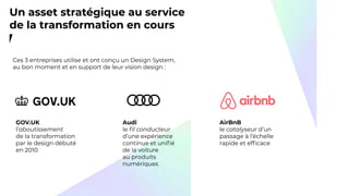Un asset stratégique au service
de la transformation en cours
Ces 3 entreprises utilise et ont conçu un Design System,
au bon moment et en support de leur vision design :
GOV.UK
l’aboutissement
de la transformation
par le design débuté
en 2010
Audi
le ﬁl conducteur
d’une expérience
continue et uniﬁé
de la voiture
au produits
numériques
AirBnB
le catalyseur d’un
passage à l’échelle
rapide et efﬁcace
 