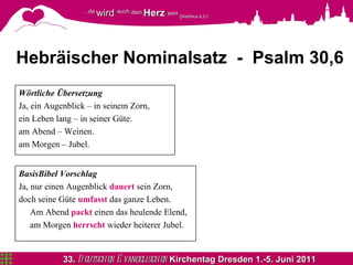 Hebräischer Nominalsatz  -  Psalm 30,6 Wörtliche Übersetzung Ja, ein Augenblick – in seinem Zorn, ein Leben lang – in seiner Güte. am Abend – Weinen. am Morgen – Jubel. BasisBibel Vorschlag Ja, nur einen Augenblick  dauert  sein Zorn, doch seine Güte  umfasst  das ganze Leben. Am Abend  packt  einen das heulende Elend, am Morgen  herrscht  wieder heiterer Jubel. 