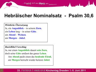 Hebräischer Nominalsatz  -  Psalm 30,6 Wörtliche Übersetzung Ja, ein  Augenblick  – in seinem  Zorn , ein  Leben  lang – in seiner  Güte . am  Abend  –  Weinen . am  Morgen  –  Jubel . BasisBibel Vorschlag Ja, nur einen  Augenblick  dauert  sein Zorn , doch seine  Güte  umfasst das ganze  Leben . Am  Abend  packt einen das  heulende Elend , am  Morgen  herrscht wieder heiterer  Jubel . 
