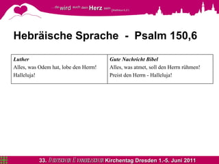 Hebräische Sprache  -  Psalm 150,6 Gute Nachricht Bibel Alles, was atmet, soll den Herrn rühmen! Preist den Herrn - Halleluja! Luther Alles, was Odem hat, lobe den Herrn! Halleluja!  