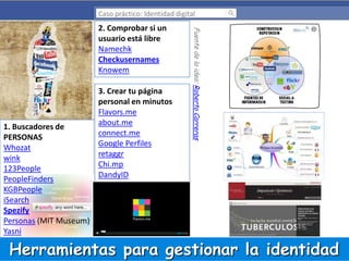 Caso práctico: Identidad digital

1. Buscadores de
PERSONAS
Whozat
wink
123People
PeopleFinders
KGBPeople
iSearch
Spezify
Personas (MIT Museum)
Yasni

3. Crear tu página
personal en minutos
Flavors.me
about.me
connect.me
Google Perfiles
retaggr
Chi.mp
DandyID

Fuente de la idea: Roberto Carreras

2. Comprobar si un
usuario está libre
Namechk
Checkusernames
Knowem

Herramientas para gestionar la identidad

 