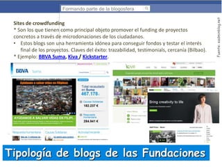 Sites de crowdfunding
* Son los que tienen como principal objeto promover el funding de proyectos
concretos a través de microdonaciones de los ciudadanos.
• Estos blogs son una herramienta idónea para conseguir fondos y testar el interés
final de los proyectos. Claves del éxito: trazabilidad, testimonials, cercanía (Bilbao).
* Ejemplo: BBVA Suma, Kiva / Kickstarter.

Tipología de blogs de las Fundaciones

Fuente: eadminblog.net

Formando parte de la blogosfera

 