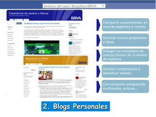 Análisis del caso: Blogsfera BBVA

Compartir conocimiento, en
área de expertise e interés
Generar nuevas propuestas
e ideas
Dialogar con inmediatez de
noticias/hechos de su ámbito
de expertise

Generar conversación e
identificar talento
Comunicación enriquecida:
multimedia, enlaces…

2. Blogs Personales

 