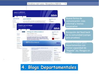 Análisis del caso: Blogsfera BBVA

Nueva forma de
comunicación: más
informal y menos
corporativa
Recepción del feed back
de la comunidad (campo
para pruebas)
Nuevo enfoque para
departamentos con
menor capacidad de
“llegada” (ej: Riesgos en
BBVA)

4. Blogs Departamentales

 