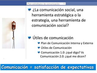 Plan estratégico de comunicación

¿La comunicación social, una
herramienta estratégica o la
estrategia, una herramienta de
comunicación social?

Útiles de comunicación
Plan de Comunicación Interna y Externa
Útiles de Comunicación
Comunicación 1.0: ¿qué digo? Vs
Comunicación 2.0: ¿qué me dicen?

Comunicación = satisfacción de expectativas

 