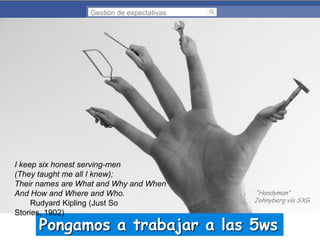 Gestión de expectativas

I keep six honest serving-men
(They taught me all I knew);
Their names are What and Why and When
And How and Where and Who.
Rudyard Kipling (Just So
Stories, 1902)

“Handyman”
Johnyberg vía SXG

Pongamos a trabajar a las 5ws

 