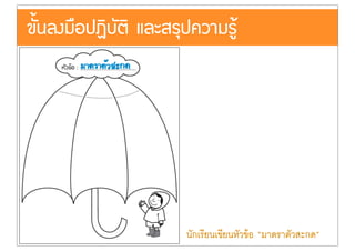 ขั้นลงมือปฏิบัติ และสรุปความรูŒ
นักเรียนเขียนหัวขŒอ “มาตราตัวสะกด”
 