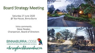 Board Strategy Meeting
Saturday 27 June 2020
@ Tea-House, Binna Burra
Intro comments
Steve Noakes
Chairperson, Board of Directors
 