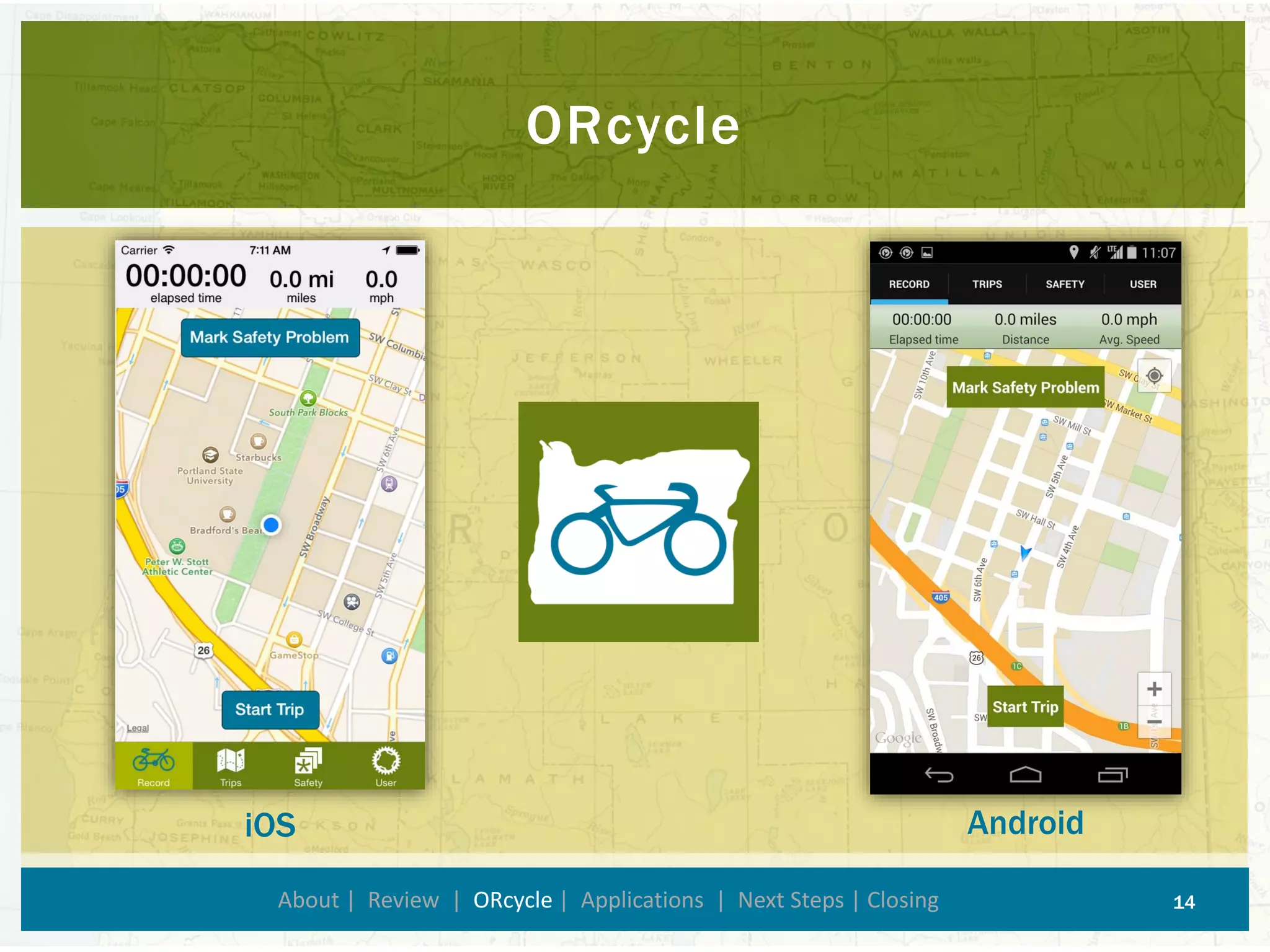 ORcycle 
About | Review | ORcycle| Applications | Next Steps | Closing 14 
iOS 
Android  