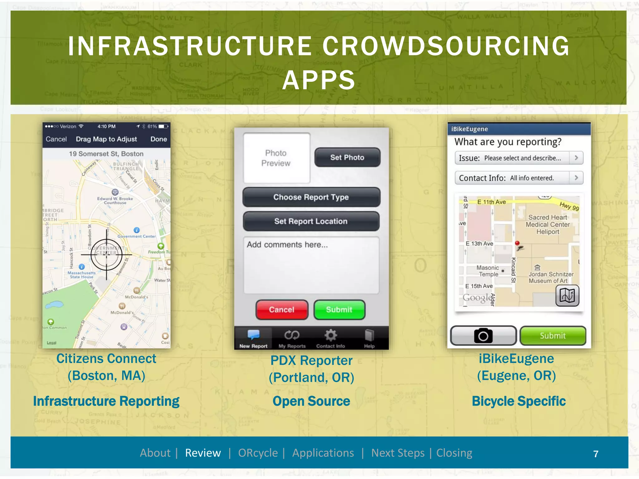 INFRASTRUCTURE CROWDSOURCING APPS 
About | Review| ORcycle| Applications | Next Steps | Closing 7 
Citizens Connect 
(Boston, MA) 
PDX Reporter 
(Portland, OR) 
iBikeEugene 
(Eugene, OR) 
Infrastructure Reporting 
Open Source 
Bicycle Specific  