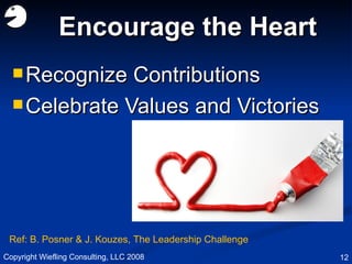 Encourage the Heart Recognize Contributions Celebrate Values and Victories Copyright Wiefling Consulting, LLC 2008 Ref: B. Posner & J. Kouzes, The Leadership Challenge 