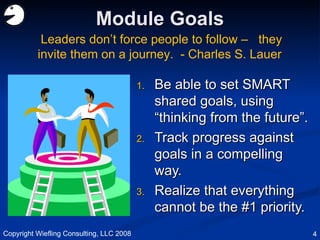 Module Goals Be able to set SMART shared goals, using “thinking from the future”. Track progress against goals in a compelling way. Realize that everything cannot be the #1 priority. Leaders don’t force people to follow –  they invite them on a journey.  - Charles S. Lauer  Copyright Wiefling Consulting, LLC 2008 