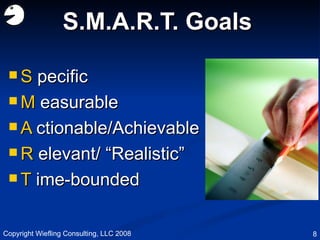 S.M.A.R.T. Goals S  pecific M  easurable A  ctionable/Achievable R  elevant/ “Realistic” T  ime-bounded Copyright Wiefling Consulting, LLC 2008 