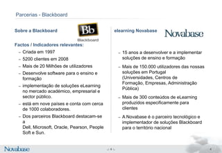 Blackboard LearnÉ uma plataforma webpara o ensino e aprendizagem que permite colocar online cursos , comunidades, conteúdos, processos e mecanismos de avaliação e toda a comunicação da organização como suporte à formação presencial ou totalmente a distanciaÉ o ambiente de ensino e aprendizagem líder no mercado educação e formação pela sua facilidade de uso, larga adopção, flexibilidade pedagógica, amplitude de funcionalidades e ferramentas intuitivas4
