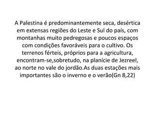 A Palestina é predominantemente seca, desértica
 em extensas regiões do Leste e Sul do país, com
 montanhas muito pedregosas e poucos espaços
   com condições favoráveis para o cultivo. Os
   terrenos férteis, próprios para a agricultura,
 encontram-se,sobretudo, na planície de Jezreel,
ao norte no vale do jordão.As duas estações mais
  importantes são o inverno e o verão(Gn 8,22)
 