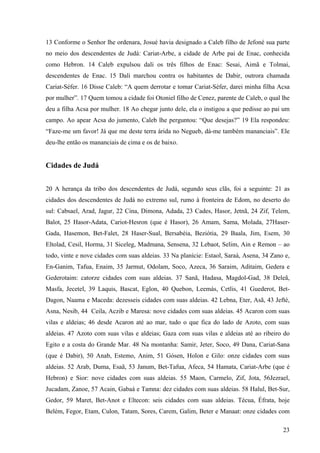 23
13 Conforme o Senhor lhe ordenara, Josué havia designado a Caleb filho de Jefoné sua parte
no meio dos descendentes de Judá: Cariat-Arbe, a cidade de Arbe pai de Enac, conhecida
como Hebron. 14 Caleb expulsou dali os três filhos de Enac: Sesai, Aimã e Tolmai,
descendentes de Enac. 15 Dali marchou contra os habitantes de Dabir, outrora chamada
Cariat-Séfer. 16 Disse Caleb: “A quem derrotar e tomar Cariat-Séfer, darei minha filha Acsa
por mulher”. 17 Quem tomou a cidade foi Otoniel filho de Cenez, parente de Caleb, o qual lhe
deu a filha Acsa por mulher. 18 Ao chegar junto dele, ela o instigou a que pedisse ao pai um
campo. Ao apear Acsa do jumento, Caleb lhe perguntou: “Que desejas?” 19 Ela respondeu:
“Faze-me um favor! Já que me deste terra árida no Negueb, dá-me também mananciais”. Ele
deu-lhe então os mananciais de cima e os de baixo.
Cidades de Judá
20 A herança da tribo dos descendentes de Judá, segundo seus clãs, foi a seguinte: 21 as
cidades dos descendentes de Judá no extremo sul, rumo à fronteira de Edom, no deserto do
sul: Cabsael, Arad, Jagur, 22 Cina, Dimona, Adada, 23 Cades, Hasor, Jetnã, 24 Zif, Telem,
Balot, 25 Hasor-Adata, Cariot-Hesron (que é Hasor), 26 Amam, Sama, Molada, 27Haser-
Gada, Hasemon, Bet-Falet, 28 Haser-Sual, Bersabéia, Beziótia, 29 Baala, Jim, Esem, 30
Eltolad, Cesil, Horma, 31 Siceleg, Madmana, Sensena, 32 Lebaot, Selim, Ain e Remon – ao
todo, vinte e nove cidades com suas aldeias. 33 Na planície: Estaol, Saraá, Asena, 34 Zano e,
En-Ganim, Tafua, Enaim, 35 Jarmut, Odolam, Soco, Azeca, 36 Saraim, Aditaim, Gedera e
Gederotaim: catorze cidades com suas aldeias. 37 Sanã, Hadasa, Magdol-Gad, 38 Deleã,
Masfa, Jecetel, 39 Laquis, Bascat, Eglon, 40 Quebon, Leemás, Cetlis, 41 Guederot, Bet-
Dagon, Naama e Maceda: dezesseis cidades com suas aldeias. 42 Lebna, Eter, Asã, 43 Jefté,
Asna, Nesib, 44 Ceila, Aczib e Maresa: nove cidades com suas aldeias. 45 Acaron com suas
vilas e aldeias; 46 desde Acaron até ao mar, tudo o que fica do lado de Azoto, com suas
aldeias. 47 Azoto com suas vilas e aldeias; Gaza com suas vilas e aldeias até ao ribeiro do
Egito e a costa do Grande Mar. 48 Na montanha: Samir, Jeter, Soco, 49 Dana, Cariat-Sana
(que é Dabir), 50 Anab, Estemo, Anim, 51 Gósen, Holon e Gilo: onze cidades com suas
aldeias. 52 Arab, Duma, Esaã, 53 Janum, Bet-Tafua, Afeca, 54 Hamata, Cariat-Arbe (que é
Hebron) e Sior: nove cidades com suas aldeias. 55 Maon, Carmelo, Zif, Jota, 56Jezrael,
Jucadam, Zanoe, 57 Acain, Gabaá e Tamna: dez cidades com suas aldeias. 58 Halul, Bet-Sur,
Gedor, 59 Maret, Bet-Anot e Eltecon: seis cidades com suas aldeias. Técua, Éfrata, hoje
Belém, Fegor, Etam, Culon, Tatam, Sores, Carem, Galim, Beter e Manaat: onze cidades com
 