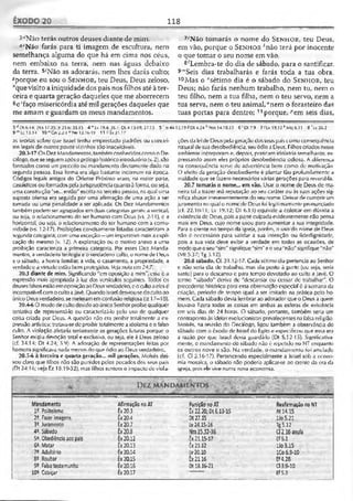 ÊXODO 20 118
3“Não terás outros deuses diante de mim.
4' Não farás para ti imagem de escultura, nem
semelhança alguma do que há em cima nos céus,
nem embaixo na terra, nem nas águas debaixo
da terra. 5/Não as adorarás, nem lhes darás culto;
«porque eu sou o S e n h o r, teu Deus, Deus zeloso,
"quevisito ainiqüidade dos paisnos filhos até àter­
ceira e quarta geração daqueles que me aborrecem
®c‘faço misericórdia até mil gerações daqueles que
me amam e guardam os meus mandamentos.
7'Não tomarás o nome do S e n h o r , teu Deus,
em vão, porque o S e n h o r *não terá por inocente
o que tomar o seu nome em vão.
8íLembra-te do dia de sábado, para o santificar.
9'”Seis dias trabalharás e farás toda a tua obra.
10Mas o "sétimo dia é o sábado do S e n h o r, teu
Deus; não farás nenhum trabalho, nem tu, nem o
teu filho, nem a tua filha, nem o teu servo, nem a
tua serva, nem o teu animal, "nem o forasteiro das
tuas portas para dentro; 11porque, ^em seis dias,
3 J [>t6.M;2Rsl7.35;Jr25.6;35.15 4 * Lv 19.4; 26.1: Dt 4.15-19; 27.15 5 •' Is 44.15,19 SDt 4.24 h Nm 14.18,33 6 ‘ Dt7.9 7 »Lv 19.12 * Mq 6.1-1 8'Lv26.2
9 '" t t 13.14' 10'’ Cn 2.2-3 “ Ne 13.T6-T9 11 Êx 31.1 7
as teorias sobre que Israel tenha emprestado padrões ou concei­
tos legais de outros povos vizinhos são inaceitáveis'.
20.3-17 Os Dez Mandamentos, tambémconhecidoscomo o De-
cálogo, quese seguemapósoprólogohistóricointrodutório{v. 2), são
formados corno um preceito ou mandamento diretamente dado na
segunda pessoa. Essa íorma era algo bastante incomutti na época.
Códigos legais antigos do Oriente Próximo eram, na maior parle,
casuísticos ou formados pelajurisprudência quanto à forma, ou seja,
uma construção "se... então” escrita na terceira pessoa, na qual uma
suposta ofensa era seguida por uma afirmação de uma ação a ser
tomada ou uma penalidade a ser aplicada. Os Dez Mandamentos
tambémpodem ser agrupados em duas categorias gerais: avertical,
ou seja, o relacionamento do ser humano com Deus (vs. 2-11), e a
horizontal, ou seja, o relacionamento do ser humano com a comu­
nidade (vs. 12-17). Proibições concisamente listadas caracterizam a
segunda categoria, com uma exceção—umimperativo mais aexpli­
cação do mesmo (v. 12). A explanação ou o motivo anexo a uma
proibição caracteriza a primeira categoria. Por esses Dez Manda­
mentos, averdadeira teologia e overdadeiro culto, o nome de Deus
e o sábado, a honra familiar, avida, o casamento, a propriedade, a
verdade e a virtude estão bem protegidos. Ve/anota cm24.7.
20.3 diante de mim. Significando "em oposição a mim", essa é a
expressão mais apropriada à luz dos versículos seguintes. Iodos os
deusesfalsosestãoemoposiçãoaoDeusverdadeiro,c ocultoaelesc
incompatíve!comocultoaJavé. Quando Israel desviou-sedocultoao
único Deusverdadeiro, semeteramemconfusão religiosa(Jz 17—18).
20.4-6 O modo de cultodevidoaoúnicoSenhor proíbequalquer
tentativa de representá-lo ou caracterizá-lo polo uso de qualquer
coisa criada por Deus. A questão não cra proibir totalmente a ex­
pressão artística; tratava-sede proibir totalmente aidolatriae ofalso
culto. A violação afetaria seriamente as gerações futuras porque o
Senhor exigiu devoção total e exclusiva, ou seja, ele é Deus zeloso
(cf. 34.14; Dt 4.24; 5.4). A adoração de representações feitas por
homens significava nada menos do que ódio ao Deus verdadeiro.
20.3-6 à terceira e quarta geração... mil gerações. Moisés dei­
xou claro que filhos não são punidos pelos pecados dos seus pais
(Dt 24.16; veja íz 18.19-32), mas filhos sentem o impacto de viola­
ções da lei de Deus pela geração dosseuspais como conseqüência
natural de suadesobediência, seu ódio a Deus. Filhos criados nesse
ambiente incorporam e, depois, praticam idolatria semelhante, ex­
pressando assim eles próprios desobediência odiosa. A diferença
na conseqüência serve de advertência bem como dc motivação.
O efeito da geração desobediente é plantar tão profundamente a
maldade que se fazem necessários várias gerações para revertê-la.
20.7 tomarás o nome... em vão. Usar o nome de Deus de ma­
neira tal a trazer má reputação ao seu caráter ou às suas ações sig­
nifica abusar irreverentemente do seu nome. Deixar de cumprir um
juramento noqual o nome de Deus foi legitimamente pronunciada
(cf. 22.10-11; Lv 19.12; Dl 6.13) eqüivale a colocar em dúvida a
existência dc Deus, pois a parte culpada evidentemente não pensa
mais em Deus, cujo nome usou para aumentar a sua integridade.
Para o crente no tempo da igreia, porém, o uso do nome de Deus
não é necessário para validar a sua intenção ou fidedignidade,
pois a sua vida deve exibir a verdade em todas as ocasiões, de
modoqueoseu "sim" signifique"sim" eoseu"não" signifique"não"
(Mt 5.37; Tg 5.12).
20.8 sábado. Cf. 31.12-17. Cada sétimo dia pertencia ao Senhor
e não seria dia de trabalho, mas dia posto à parte (ou seja, seria
santo) para o descanso e para tempo devotado ao culto a Javé. O
termo "sábado" deriva dc "descansar ou cessar de trabalhar". O
precedente histórico para essa observação especial é a semana da
criação, período de tempo igual a ser imitado na prática pelo ho­
mem. Cada sábado devia lembrar ao adorador que o Deus a quem
louvava fizera todas as coisas em ambas as esferas de exislência
cm seis dias de 24 horas. O sábado, portanto, também seria um
contraponto às ideias evolucionistas prevalecentes na falsa religião.
Moisés, na revisão do Decálogo, ligou também a observância do
sábado com o êxodo de Israel do Egito e especificou que essa era
a razão por que Israel devia guardá-lo (Dt S.12-15). Significativa­
mente, o mandamento do sábado não é repetido no NT enquanto
os outros nove o são. Na verdade, o mandamento foi anulado
(cf. Cl 2.16-17). Pertencendo especialmente a Israel sob a econo­
mia mosaica, o sábado não poderia aplicar-se ao crente da era da
igreja, pois ele vive numa nova economia.
Mandamento
is. Politeísmo
2«. Fazer imagens
3^. Juramento
4° Sábado
5° Obediênciaaos pais
6®, Matar
7?. Adultério
8e. Roubar
92. Falso testemunho
102. Cobiçar
Afirmação noAT
Êx20.3
Êx20.4
Êx20.7
êx20.8
Êx20.12
Êx20.13
. Êx20.14
Êx20.15
Êx20.16
Êx20.17
Punição noAT
Êx 22.20; Dt6.13-15
Dt 27.15
Lv24.15-16
Nm15.32-36
Êx 21.15-1?
Êx 21.12
lv 20.10
ÊX21.16
Ot 18.16-21
ReafirmaçãonoNT
At 14.15
lio 5.21
Tg5.12
Cl 2.16 anula
Ef6.1
Do 3.15
ICo 6.9-10
Ef4.28
03.9-10
Ef5.3
 
