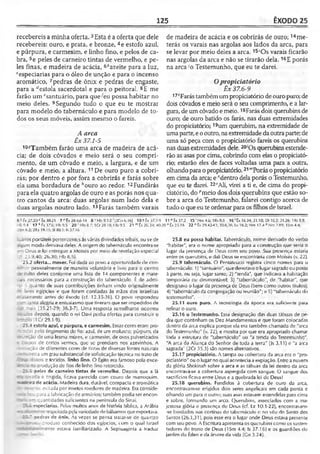 125 ÊXODO 25
recebereis a minha oferta.3Esta é a oferta que dele
recebereis: ouro, e prata, e bronze, 4e estofo azul,
e púrpura, e carmesim, e linho fino, e pelos de ca­
bra, 5e peles de carneiro tintas de vermelho, e pe­
les finas, e madeira de acácia, 6fcazeite para a luz,
‘'especiarias para o óleo de unção e para o incenso
aromático, 7pedras de ônix e pedras de engaste,
para a destola sacerdotal e para o peitoral. 8E me
farão um ^santuário, para queeu possa habitar no
meio deles. 9Segundo tudo o que eu te mostrar
para modelo do tabernáculo e para modelo de to­
dos os seus móveis, assim mesmo o fareis.
A arca
Êx 37.1-5
10'?Também farão uma arca de madeira de acá­
cia; de dois côvados e meio será o seu compri­
mento, de um côvado e meio, a largura, e de um
côvado e meio, a altura. 11De ouro puro a cobri-
rás; por dentro e por fora a cobrirás e farás sobre
ela uma bordadura de ''ouro ao redor. 12Fundirás
para ela quatro argolas de ouro e as porás nos qua­
tro cantos da arca: duas argolas num lado dela e
duas argolas noutro lado. 13Farás também varais
de madeira de acácia e os cobrirás de ouro; 14me-
terás os varais nas argolas aos lados da arca, para
se levar por meio deles a arca. 15‘Os varais ficarão
nas argolas da arca e não se tirarão dela. 16E porás
na arca >oTestemunho, que eu te darei.
Opropiciatório
Êx 37.6-9
17*Farástambémumpropiciatório deouropuro; de
dois côvados e meio será o seu comprimento, e a lar­
gura, de um côvado e meio.18Farás dois querubinsde
ouro; de ouro batido os farás, nas duas extremidades
do propiciatório; 19um querubim, na extremidade de
umaparte, eooutro, naextremidade daoutraparte; de
uma só peça com o propiciatório fareis os querubins
nas duasextremidades dele. 20iOs querubins estende­
rão as asas por cima, cobrindo com elas o propiciató­
rio; estarão eles de faces voltadas uma para a outra,
olhandoparao propiciatório.21“Porás opropiciatório
em cima da arca; e "dentro delaporás o Testemunho,
que eu te darei. 22°AliJvirei a ti e, de cima do propi-
ciatório, do ''meio dos dois querubins que estão so­
bre a arca do Testemunho, falarei contigo acerca de
tudo o queeu te ordenar paraosfilhos de Israel.
6 b Px 27.20 c Éx .10.23 7 c'Êx 28.46-14 8 - Hb 9.1-2/ [2C0 6.16) 10 «Êx 37.1-9 11 "Éx 37.2 15' Nm 4.6; 1Rs 8.8 16 ' Cx 10.34; 31.10; Dt 10.2; 31.26: 1Rs 8.9;
-b 9.4 17 * fx 37.6; Hb 9.5 2 0 'lR $ 8 .7 ; 1Cr 28.18; 1Ib 9.5 21 mtx26.34; 40.20 " Êx 25.1 6 22 ° Éx 29.42-41; 30.6,36; Lv 16.2; Nm I7.4 0N |» 7.89; I Sm 4.4;
2Sm 6.2; 2Rs 19.1.5; SI 80.1; Is 37.16
■jários portáteis pertencentes às várias divindades tribais, ou se de
a eum modo derivava deles. A origem do tabernáculo encontra-se
■ Deus e foi entregue a Moisés por meio de revelação especial
a. 25.9,40; 26.30; Hb 8.5).
25.2 oferta... mover. Foi dada ao povo a oportunidade de con-
- rxjir pessoalmente de maneira voluntária e livre para o centro
culto deles conforme uma lista de 14 componentes e mate-
- ; ; necessários para a construção do tabernáculo. É de admi-
í' o quanto de suas contribuições tinham vindo originalmente
>: ares egípcios e que foram confiadas às mãos dos israelitas
-•i^mente antes do êxodo (cf. 12.35-36). O povo respondeu
; ~ :anta alegria e entusiasmo que tiveram que ser impedidos de
-ais (35.21-29; 36.3-7). Uma resposta semelhante ocorreu
os depois, quando o rei Davi pediu ofertas para construir o
-:-:->o -1Cr 29.1-9).
-5.4 estofo azul, e púrpura, e carmesim. Essas cores eram pro-
: -r :as pelo lingimento do fio: azul, de um molusco; púrpura, da
-í :'t ;3o de uma lesma múrex, e carmesim, de ovos pulverizados
- ::-~d o s de certos vermes, que se prendiam nos azevinhos. A
zsr 5:zo de diferentes cores de tintas de diversas fontes naturais
:- “ : ->-xa um grau substancial de sofisticação técnica no trato de
i - :è■.reis e tecidos. linho fino. O Egito era famoso pela exce-
-■. produção de fios de linho íino retorcido.
_ J 5 peles de carneiro tintas de vermelho. Depois que a lã
T « aa e tingida, ficava parecida com couro de marroquim.
naãeira de acácia. Madeira dura, durável, compacta e aromática
a TrSr-::. evitada por insetos roedores de madeira. Era conside-
. : . i paraa fabricação de armários; também podia ser encon-
■.v e~ santidades suficientes na península do Sinai.
-* ~e-speciarias. Pelos muitos anos de história bíblica, a Arábia
« - - 'espeitada pelavariedade debálsamos queexportava.
* Dtdras de ônix. Às vezes se pensa tralar-se de quartzo
OBtc :- : rroduto conhecido dos egípcios, com o qual Israel
•~ente estava familiarizado. A Septuaginta a traduz
25.8 eu possa habitar. Tabernáculo, nome derivado do verbo
"habitar", era o nome apropriado para a construção que seria o
lugar da presença de Deus com seu povo. Sua presença estaria
entre os querubins, e dali Deus se encontraria com Moisés (v. 22).
25.9 tabernáculo. O Pentateuco registra cinco nomes para o
tabernáculo: 1) "santuário", que denotava olugar sagradoou posto
à parte, ou seja, lugar santo; 2) "tenda", que indicava a habitação
temporária ou desmontável; 3) "tabernáculo", de "habitar", que
designava o lugar da presença de Deus (bem como outros títulos):
4) "tabernáculo da congregação ou reunião"; e 5) "tabernáculo do
testemunho".
25.11 ouro puro. A tecnologia da época era suficiente para
refinar o ouro.
25.16 o Testemunho. Essa designação das duas tábuas de pe­
dra que continham os Dez Mandamentos e que foram colocadas
dentro da arca explica porque ela era também chamada de "arca
do Testemunho" (v. 22), e mostra por que era apropriado chamar
ioda a estrutura de "tabernáculo" ou "a tenda do Testemunho".
"A arca da Aliança do Senhor de toda a terra" (Js 3.11) e "a arca
sagrada" (2Cr 35.3) são nomes alternativos.
25.17 propiciatório. A tampa ou cobertura da arca era o "pro­
piciatório" ou o lugar no qual acontecia a expiação. Entrea nuvem
da glória Shekinah sobre a arca e as tábuas da lei dentro da arca
encontrava-se a cobertura aspergida com sangue. O sangue dos
sacrifíciosficava entre Deus e a quebrada lei de Deus!
25.18 querubins. Fundidos à cobertura de ouro da arca,
encontravam-se erigidos dois seres angelicais em cada ponta e
olhando um para o outro; suas asas estavam estendidas para cima
e sobre, formando um arco. Querubins, associados com a ma­
jestosa glória e presença de Deus (cf. Ez 10.1-22), encontravam-
-se bordados nas cortinas do tabernáculo e no véu do Santo dos
Santos (26.1,31), pois esse era o lugar onde Deus estava presente
com seu povo. A Escritura apresenta osquerubins como os susten-
tadores do trono de Deus (ISm 4.4; Is 37.16) e os guardiões do
jardim do Éden e da árvore da vida (Cn 3.24).
 