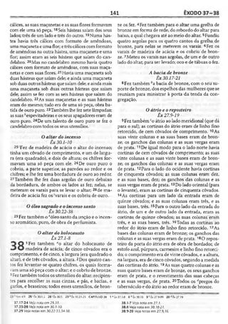 141 ÊXODO 37-38
cálices, as suas maçanetas e as suas flores formavam
com ele uma só peça.18Seis hásteas saíam dos seus
lados; três de um lado e três do outro.19Numa hás­
tea havia três cálices com formato de amêndoas,
uma maçaneta e uma flor; e três cálices com formato
de amêndoas na outra hástea, uma maçaneta e uma
flor; assim eram as seis hásteas que saíam do can­
delabro. 20Mas no candelabro mesmo havia quatro
cálices com formato de amêndoas, com suas maça­
netas e com suas flores. 21Havia uma maçaneta sob
duas hásteas que saíam dele; e ainda uma maçaneta
sob duas outras hásteas que saíam dele; e ainda mais
uma maçaneta sob duas outras hásteas que saíam
dele; assim se fez com as seis hásteas que saíam do
candelabro. 22As suas maçanetas e as suas hásteas
eram do mesmo; tudo era de uma só peça, obra ba­
tida de ouro puro. 23Também lhe fez sete lâmpadas;
as suas ''espevitadeiras e os seus apagadores eram de
ouro puro. 24De um talento de ouro puro se fez o
candelabro com todos os seus utensílios.
Oaltar do incenso
Êx30.1-10
25'Fez de madeira de acácia o altar do incenso;
tinha um côvado de comprimento, e um de largu­
ra (era quadrado), e dois de altura; os chifres for­
mavam uma só peça com ele. 26De ouro puro o
cobriu, a parte superior, as paredes ao redor e os
chifres; e lhe fez uma bordadura de ouro ao redor.
27Também lhe fez duas argolas de ouro debaixo
da bordadura, de ambos os lados as fez; nelas, se
meteram os varais para se levar o altar; 28de ma­
deira de acácia fez os 'varais e os cobriu de ouro.
Oóleo sagrado e o incenso santo
Êx 30.22-38
29 Fez também o Áóleo santo da unção e o incen­
so aromático, puro, de obra de perfumista.
Oaltardo holocausto
Êx 27.1-8
1Fez também “o altar do holocausto de
madeira de acácia; de cinco côvados era o
comprimento, e de cinco, a largura (era quadrado o
altar), e de três côvados, a altura.2Dos quatro can­
tos fez levantar-se quatro chifres, os quais forma­
vam uma só peça com o altar; e o cobriu de bronze.
3Fez também todos os utensílios do altar; recipien­
tes para recolher as suas cinzas, e pás, e bacias, e
garfos, e braseiros; todos esses utensílios, de bron­
ze os fez. 4Fez também para o altar uma grelha de
bronze em forma de rede, do rebordo do altar para
baixo, a qual chegava até ao meio do altar.5Fundiu
quatro argolas para os quatro cantos da grelha de
bronze, para nelas se meterem os varais. 6Fez os
varais de madeira de acácia e os cobriu de bron­
ze. 7Meteu os varais nas argolas, de um e de outro
lado do altar, para ser levado; oco e de tábuas o fez.
A bacia de bronze
Êx 30.17-21
8 Fez também b&bacia de bronze, com o seu su­
porte de bronze, dos espelhos das mulheres que se
reuniam para ministrar à porta da tenda da con­
gregação.
Oátrio e oreposteiro
Êx 27.9-19
9Fez também co átrio ao lado meridional (que dá
para o sul); as cortinas do átrio eram de linho fino
retorcido, de cem côvados de comprimento. 10As
suas vinte colunas e as suas bases eram de bron­
ze; os ganchos das colunas e as suas vergas eram
de prata.11De igual modo para o lado norte havia
cortinas de cem côvados de comprimento; as suas
vinte colunas e as suas vinte bases eram de bron­
ze; os ganchos das colunas e as suas vergas eram
de prata. 12Para o lado do ocidente havia cortinas
de cinqüenta côvados; as suas colunas eram dez,
e as suas bases, dez; os ganchos das colunas e as
suas vergas eram de prata.13Do lado oriental (para
o levante), eram as cortinas de cinqüenta côvados.
14As cortinas para um lado da entrada eram de
quinze côvados; e as suas colunas eram três, e as
suas bases, três.15Para o outro lado da entrada do
átrio, de um e de outro lado da entrada, eram as
cortinas de quinze côvados; as suas colunas eram
três, e as suas bases, três. 16Todas as cortinas ao
redor do átrio eram de linho fino retorcido. 17As
bases das colunas eram de bronze; os ganchos das
colunas e as suas vergas eram de prata. 180 repos­
teiro da porta do átrio era de obra de bordador, de
estofo azul, púrpura, carmesim e linho fino retorci­
do; o comprimento era de vinte côvados, e a altura,
na largura, era de cinco côvados, segundo a medida
das cortinas do átrio.19As suas quatro colunas e as
suas quatro bases eram de bronze, os seus ganchos
eram de prata, e o revestimento das suas cabeças
e as suas vergas, de prata. 20Todos os dpregos do
tabernáculo e do átrio ao redor eram de bronze.
25 ‘(x 30.1-5 28 <Êx 30,5 29 * Êx 30.23-25 CAPÍTULO 38 1 ü Lx 27.1-0 8 ^ 3 0 .1 8 9 c Éx27.9.19 2 0 <<Px27.19
37.17-24 Veja nota cm 2531.
37.23-28 Veja nota em 30.1- W.
37.29 Veja notas em 30.22-33,34-38.
38.1-7 Veja nota em 27.1.
38.8 Veja nola em 30. W-21.
38.9-20 Veja notas em 27.9,16.
 