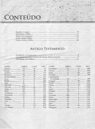 Co n t e ú d o
«•- ■■ - ' ...........■-*■■■
Quadros e mapas................................................................................................................vii
Introdução à Bíblia..............................................................................................................ix
Observações pessoais.......................................................................................................xiii
Como surgiu a Bíblia.........................................................................................................xv
Como estudar a Bíblia......................................................................................... ............xxi
An t ig o Testam ento
Introdução ao Pentateuco................ ................................................................ ..............3
Uma harmonia entre os livros de Samuel, Reis e Crônicas....................................... 7
Introdução aos Profetas............................................................................... ...................11
LIVRO ABREV. CAPS. PÁG. LIVRO ABREV. CAPS. PÁG.
Gênesis..................Gn...................50......... ..........15 Eclesiastes........... ..........Ec........... ........12......... ........834
Êxodo.................... .........Ex..............40..... ..... 88 Cântico......... ......Ct...... .....8..... ........846
Levítico...............Lv...............27........ .... 145 Isaías........... ...... Is.......... ........66..................856
Números.............. ........Nm.........,........36......... ........182 Jeremias............... ...... Jr...... .... 52..... .... 936
Deuteronômio........D t.......... 34..... .... 229 Lamentações
Josué............ ........Js...... .... 24..... .... 280 de Jeremias..... .....Lm...... ........999
Juizes..................... ..........Jz...................21......... ........308 Ezequiel............... ......Ez...... .... 48..... ...1009
Rute............. .....Rt............4 ..... .... 337 Daniel........... .....Dn...... .... 12..... .....1075
ISamuel......... .... 31..... ........345 Oseias.................. ..........Os..................14......... .....1098
2Samuel......... ....2Sm..... .... 24..... .... 392 ...... JI......... .....3 ..... ...1109
IReis............ .... lR s..... .... 22..... .... 430 Amós........... .....Am..... .....9..... .....1116
2Reis............ .... 2Rs..... ........25..... ........475 Obadias........ .........Ob...... .....1...........1125
iCrônicas....... .... lC r..... .... 29..... .... 519 Jonas............ ..... Jn...... .....4 ..... ...1128
2Crônicas....... .... 2Cr..... .... 36..... .... 550 Miqueias........ .....Mq..... .....7 ..... ...1133
Esdras.................Ed.......... 10..... .... 589 Naum.................Na..... .....3..... ...1141
Neemias......... .....Ne.......... 13..... .... 604 Habacuque........... Hc..... .....3 ..... ...1145
Ester............ .....Et........... 10..... .... 625 Sofonias........ ...... Sf...... .....3..... ...1151
ló................ .....Jó........... 42..... Aseu............ ..........Ag..... .........2 ..... .....1156
Salmos.......... ..... SI...... ....150.... .... 678 Zacarias........ ..........Z c.......... .... 14..... ...1161
Provérbios....... .....Pv.......... 31..... .... 794 Malaquias.............M l..... .....4 ..... .....1179
 