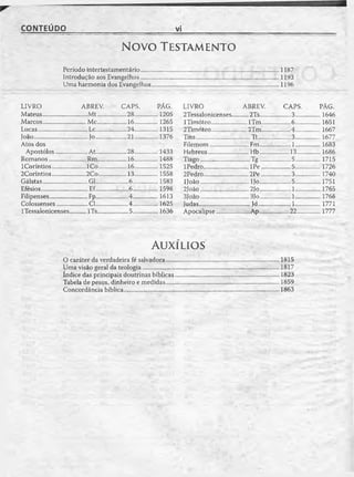 CONTEÚDO vi
Novo T e s ta m e n to
Período intertestamentário..........................................................................................1187
Introdução aos Evangelhos..........................................................................................1193
Uma harmonia dos Evangelhos...................................................................................1196
LIVRO ABREV. CAPS. PAG.
Mateus.................... .......M t......... ........28..............1205
Marcos.................... ......Mc.......... ........16......... .....1265
Lucas....................... .......Lc........... ........24..............1315
João.......................... .......Jo........... ........21..............1376
Atos dos
Apostólos............ .......At........... ........28......... .....1433
Romanos................ ........16......... .....1488
ICoríntios.............. ......lC o.................16......... .....1525
2Coríntios.............. ......2Co.................13......... .....1558
Gálatas.................... .......G1........... .........6.......... .....1583
Efésios..................... .......Ef........... .........6...............1598
Filipenses................ .......FP........... .........4 ...............1613
Colossenses........... ....Cl...... .........4 ................1625
ITessalonicenses..........lTs.......... .........5.......... .....1636
LIVRO ABREV CAPS. PAG.
2Tessalonicenses........2Ts....................3................1646
ITimóteo......................lTm...................6................1651
2Timóteo......................2Tm.............. 4 ..... ......1667
Tito................... Tt...... ..... 3..... ...1677
Filemom.....................Fm........... 1..... ...1683
Hebreus......................Hb...........13...............1686
......... T g ........... ..........5................1715
.......lP e ...................5.............1726
....2Pe.......... 3..... ...1740
ljoão....................IJo........... 5..... ... 1751
2João.................2Jo..... ..... 1..... ... 1765
.......3Jo......... ..... 1..... ......1768
Judas................................Jd............1..... ... 1771
Apocalipse....... ........Ap..........22........1777
Au x íl io s
O caráter da verdadeira fé salvadora......................................................................... 1815
Uma visão geral da teologia................................................................... ....................1817
índice das principais doutrinas bíblicas....................................................................1823
Tabela de pesos, dinheiro e medidas..........................................................................1859
Concordância bíblica........................................................................ .......... ............... 1863
 