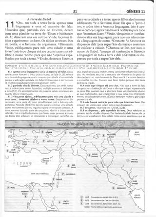 31 GÊNESIS 11
GÔMER TOGARMA
ASQUENAZ
(Citas)
HITITAS. LUDE
(Lídia)
JAVÃo
(Gregos)
ASSUR
(Assíria)
AM ORREUS
, ELÃO
(Pérsia)FILISTEU:
PUTE ARFAXADE
Descendentes de Jafé (Gn 10.2-5)
Descendente de Cam (Gn 10.6-20)
Descendentes de Sem (Gn 10.21-31)
Nome bíblico em períodos posteriores
JOCTÃ
(Arábia)
MAR 
VERMELHO
A torre de Babel
I
A 1Ora, em toda a terra havia apenas uma
I linguagem e uma só maneira de falar.
2Sucedeu que, partindo eles do Oriente, deram
com uma planície na terra de flSinar; e habitaram
ali. 3E disseram uns aos outros: Vinde, façamos ti­
jolos e queimemo-los bem. Os tijolos serviram-lhes
de pedra, e o betume, de argamassa. 4Disseram:
Vinde, edifiquemos para nós uma cidade e uma
torre ècujo tope chegue até aos céus e tornemos cé­
lebre o nosso cnome, para que não ^sejamos espa­
lhados por toda a terra. 5cEntão, desceu o S e n h o r
para ver a cidade e a torre, que os filhos dos homens
edificavam; 6e o S e n h o r disse: Eis que o^povo é
um, e todos têm a gmesma linguagem. Isto é ape­
nas o começo; agora não haverá restrição para tudo
que ^intentam fazer. 7Vinde, 'desçamos e 'confun-
damos ali a sua linguagem, para que um não enten­
da a linguagem de outro. 8Destarte, ko S e n h o r os
dispersou dali 'pela superfície da terra; e cessaram
de edificar a cidade. 9Chamou-se-lhe, por isso, o
nome de Babel, mporque ali confundiu o S e n h o r
a linguagem de toda a terra e dali o S e n h o r os dis­
persou por toda a superfície dela.
CAPÍTULO 11 2 a Gn 10.10; 14.1; Dn 1.2 4 faDt 1.28; 9.1; S1107.26 c Gn 6.4; 2Sm 8.13 d Dt 4.27 5 e Gn 18.21; Êx 3.8; 19.11,18,20 6 f Gn 9.19; At 17.26
*Gn11.1 h Dt 31.21; SI 2.1 7 ' Gn 1.26 ' Gn 42.23; Êx 4.11; Dt 28.49; Is 33.19; Jr 5.15 8 k Gn 11.4; Dt 32.8; SI 92.9; [Lc 1.51] ; Gn 10.25,32 9 m 1Co14.23
11.1 apenas uma linguagem e uma só maneira de falar. Deus,
que fez o ser humano a única criatura capaz de falar (1.28), reitera­
ria o dom da linguagem e usaria a mesma para dividir a humanidade
porque a adoração apóstata em Babel indicava que o ser humano
se revoltara orgulhosamente contra Deus (11.8-9).
11.2 partindo eles do Oriente. Deus reafirmou aos seres huma­
nos a ordem para serem fecundos, multiplicarem-se e encherem
a terra (9.7). Os acontecimentos do presente relato ocorreram en­
quanto eles se dispersaram.
11.3-4 façamos tijolos... edifiquemos para nós uma cidade e
uma torre... tornemos célebre o nosso nome. Enquanto se dis­
persavam, uma parte do povo pós-diluviano, sob a liderança do
poderoso Ninrode (10.8-10), decidiu parar e edificar uma cidade
como monumento ao seu orgulho e para se tornarem famosos. A
torre, mesmo fazendo parte de um plano, não foi o único ato de
rebelião. Foi o orgulho humano que levou essas pessoas a provo­
car Deus. Eles estavam se recusando a prosseguir caminho, ou
seja, espalhar-se para encher a terra conforme tinham sido instruí­
dos. Na verdade, essa foi a tentativa de Ninrode e do povo de
desobedecer ao mandamento de Deus em 9.1, e assim derrotar
o conselho do céu. Tiveram que fazer tijolos porque não havia
pedras na região.
11.4 cujo tope chegue até aos céus. Não que a torre de fato
chegaria até a habitação de Deus e não que o topo representaria
os céus. Eles queriam que a alta torre fosse um momento alusivo
às suas habilidades, que enaltecesse a sua fama. No empreendi­
mento, eles desobedeceram a Deus e tentaram roubar a glória que
pertencia a ele.
11.6 não haverá restrição para tudo que intentam fazer. Eles
estavam tão unidos que fariam tudo o que desejassem.
11.7 desçamos. Veja nota em 1.26 (cf. 3.22).
11.8 os dispersou... pela superfície da terra. Deus referiu-se ao
primeiro ato de rebelião do povo. Eles haviam decidido fixar-se; ele os
forçou a se espalharem. Esse relato conta como aconteceu que as
NAÇOES d e G e n e s is 10
MAR
CÁSPIO
QUITIM
MADAI
(Medos)
MAR MEDITERRÂNEO
MIZRAIM
(Egito)
P
GOLFO
PÉRSICO
 