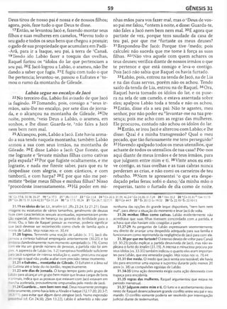 59 GÊNESIS 31
Deus tirou de nosso pai é nossa e de nossos filhos;
agora, pois, faze tudo o que Deus te disse.
17 Então, se levantou Jacó e, fazendo montar seus
filhos e suas mulheres em camelos, 18levou todo o
seu gado e todos os seus bens que chegou a possuir;
o gado de sua propriedade que acumulara em Padã-
-Arã, para ir a Isaque, seu pai, à terra de 'Canaã.
19Tendo ido Labão fazer a tosquia das ovelhas,
Raquel furtou os “ídolos do lar que pertenciam a
seu pai. 20E Jacó logrou a Labão, o arameu, não lhe
dando a saber que fugia. 21E fugiu com tudo o que
lhe pertencia; levantou-se, passou o Eufrates e 'to­
mou o rumo da montanha de Gileade.
Labão segue no encalço de Jacó
22 No terceiro dia, Labão foi avisado de que Jacó
ia fugindo. 23Tomando, pois, consigo a " seus ir­
mãos, saiu-lhe no encalço, por sete dias de jorna­
da, e o alcançou na montanha de Gileade. 24De
noite, porém, Aveio Deus a Labão, o arameu, em
sonhos, e lhe disse: Guarda-te, -vnão fales a Jacó
nem bem nem mal.
25 Alcançou, pois, Labão a Jacó. Este havia arma­
do a sua tenda naquela montanha; também Labão
armou a sua com seus irmãos, na montanha de
Gileade. 26E disse Labão a Jacó: Que fizeste, que
me lograste e ?levaste minhas filhas como cativas
pela espada? 27 Por que fugiste ocultamente, e me
lograste, e nada me fizeste saber, para que eu te
despedisse com alegria, e com cânticos, e com
tamboril, e com harpa? 28E por que não me per-
mitiste abeijar meus filhos e minhas filhas? Nisso
èprocedeste insensatamente. 29Há poder em mi­
nhas mãos para vos fazer mal, mas o cDeus de vos­
so pai me falou, ^ontem à noite, e disse: Guarda-te,
não fales a Jacó nem bem nem mal. 30E agora que
partiste de vez, porque tens saudade da casa de
teu pai, por que me efurtaste os meus deuses?
31 Respondeu-lhe Jacó: Porque tive ^medo; pois
calculei: não suceda que me tome à força as suas
filhas. 32áNão viva aquele com quem achares os
teus deuses; verifica diante de nossos irmãos o que
te pertence e que está comigo e leva-o contigo.
Pois Jacó não sabia que Raquel os havia furtado.
33 Labão, pois, entrou na tenda de Jacó, na de Lia
e na das duas servas, porém não os achou. Tendo
saído da tenda de Lia, entrou na de Raquel. 34Ora,
Raquel havia tomado os ídolos do lar, e os puse­
ra na sela de um camelo, e estava assentada sobre
eles; apalpou Labão toda a tenda e não os achou.
35Então, disse ela a seu pai: Não te agastes, meu
senhor, por não poder eu ^levantar-me na tua pre­
sença; pois me acho com as regras das mulheres.
Ele procurou, contudo não achou os ídolos do lar.
36Então, se irou Jacó e altercou com Labão; e lhe
disse: Qual é a minha transgressão? Qual o meu
pecado, que tão furiosamente me tens perseguido?
37 Havendo apalpado todos os meus utensílios, que
achaste de todos os utensílios de tua casa? Põe-nos
aqui diante de meus irmãos e de teus irmãos, para
que julguem entre mim e ti. 38Vinte anos eu esti­
ve contigo, as tuas ovelhas e as tuas cabras nunca
perderam as crias, e não comi os carneiros de teu
rebanho. 39Nem te apresentei 'o que era despe­
daçado pelas feras; sofri o dano; 'da minha mão o
requerias, tanto o furtado de dia como de noite.
18 : Gn 17.8; 33.18; 35.27 1 9 uJz17.3 2 1 v 2Rs12.17 23"'Gn 13.8 24 * Gn 20.3; 31.29; 46.2-4 >Gn 24.50; 31.7,29 2 6 z 1Sm30.2 28 J Gn 31.55 h 15m 13.13
29 c Gn 28.13; 31.5,24,42,53 d Gn 31.24 30 eJz 17.5; 18.24 3 1 'Gn 26.7; 32.7,11 32SGn44.9 35 h Êx 20.12; Lv 19.32 3 9 'Êx 22.10'Êx 22.10-13
31.19 os ídolos do lar. Lit., terafim (cf. 2Rs 23.24; Ez 21.21). Essas
imagens ou estatuetas de vários tamanhos, geralmente de deusas
nuas com características sexuais acentuadas, representavam prote­
ção especial, direitos de herança ou garantia de fertilidade para o
dono. Ou, o fato de Raquel possuir as mesmas, poderia significar
aue Jacó devesse ser reconhecido como chefe de família após a
"iorte de Labão. Veja notas nos vs. 30,44
31.20 logrou. Temendo uma reação de Labão (v. 31), Jacó dis-
i^nsou a cortesia habitual empregada anteriormente (30.25) e foi
■í"ibora clandestinamente num momento apropriado (v. 19). Como
com ele iria um grande número de pessoas, a partida não foi sim-
nles. A aspereza de Labão (vs. 1-2) transpirava hostilidade suficiente
:í'a Jacó suspeitar de intensa retaliação e, assim, procurou escapar
do perigo o qual não podia avaliar com precisão nesse momento.
31.21 o Eufrates... montanha de Gileade. O Eufrates e a área sul
ra Galileia até o leste do rio Jordão, respectivamente.
31.23 sete dias de jornada. O longo tempo gasto pelo grupo de
_=òão para alcançar um grupo bem maior que levava cargas de bens
r animais, indica que as pessoas que estavam com Jacó estavam em
-archa acelerada, provavelmente empurradas pelo medo de Jacó.
31.24 Guarda-te... nem bem nem mal. Deus novamente protegeu
- ^"anamente, como havia feito a Abraão e Isaque (12.17-20; 20.3-7;
I- 5-11), para evitar que algum dano atingisse Jacó. Numa expressão
: : -r-bial (cf. Gn 24.50; 2Sm 13.22), Labão é advertido a não usar
nenhuma das opções do grande leque disponíveis, "nem bem nem
mal", para alterar a situação do momento e levar Jacó de volta.
31.26 minhas filhas como cativas. Labão evidentemente não
acreditava que suas filhas tivessem concordado com a partida, e
achava que elas haviam sido coagidas a partir.
31.27-29 As perguntas de Labão expressaram veementemente
seu direito de arranjar uma despedida adequada para sua família e
funcionaram como reprimenda da negligência de Jacó para com ele.
31.30 porque me furtaste? O intenso desejo de voltar para Canaã
(cf. 30.25) podia explicar a partida desavisada de Jacó, mas não ex­
plicava o furto do terafim (31.19). A intensa e minuciosa procura por
seus ídolos (vs. 33-35) também indicou o quanto eles eram importan­
tes para Labão, que era venerador pagão. Veja notas nos vs. 19,44.
31.31 tive medo. O medo que Jacó sentia era razoável; ele havia
ido para encontrar uma esposa e suportou durante pelo menos 20
anos (v. 38) as compulsões egoístas de Labão.
31.34-35 Uma ação desonesta exigia outra ação desonesta com
trapaça para encobri-la.
31.35 regras das mulheres. Raquel argumentou que estava no
período menstruai.
31.37 julguem entre mim e ti. O furto e o acobertamento deso­
nesto de Raquel desencadearam grande conflito entre seu pai e seu
marido. O conflito somente poderia ser resolvido por interrogação
judicial diante de testemunhas.
 
