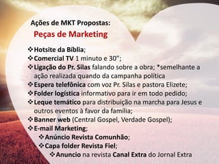 Ações de MKT Propostas: 
Peças de Marketing 
Hotsite da Bíblia; 
Comercial TV 1 minuto e 30”; 
Ligação do Pr. Silas falando sobre a obra; *semelhante a ação realizada quando da campanha política 
Espera telefônica com voz Pr. Silas e pastora Elizete; 
Folder logística informativo para ir em todo pedido; 
Leque temático para distribuição na marcha para Jesus e outros eventos à favor da família; 
Banner web (Central Gospel, Verdade Gospel); 
E-mail Marketing; 
Anúncio Revista Comunhão; 
Capa folder Revista Fiel; 
Anuncio na revista Canal Extra do Jornal Extra  