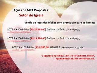Ações de MKT Propostas: 
Setor de Igreja 
Venda de lotes das Bíblias com premiação para as igrejas: 
LOTE 1 > 300 Bíblias [R$ 20.985,00] GANHA 1 prêmio para a igreja; 
condição de pagamento 60/75/90 dias 
LOTE 2 > 200 Bíblias [R$ 13.990,00] GANHA 1 prêmio para a igreja; 
condição de pagamento 60/75/90 dias 
LOTE 3 > 100 Bíblias [R$ 6.995,00] GANHA 1 prêmio para a igreja; 
condição de pagamento 60/75/90 dias 
*Sugestão de prêmios: DVD, TV, Instrumento musical, equipamentos de som, microfones, etc. 
 
