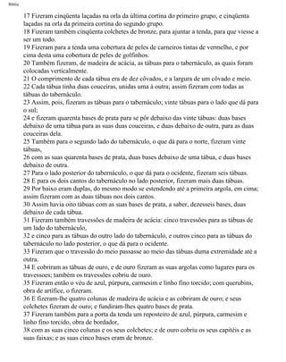 Bíblia
17 Fizeram cinqüenta laçadas na orla da última cortina do primeiro grupo, e cinqüenta
laçadas na orla da primeira cortina do segundo grupo.
18 Fizeram também cinqüenta colchetes de bronze, para ajuntar a tenda, para que viesse a
ser um todo.
19 Fizeram para a tenda uma cobertura de peles de carneiros tintas de vermelho, e por
cima desta uma cobertura de peles de golfinhos.
20 Também fizeram, de madeira de acácia, as tábuas para o tabernáculo, as quais foram
colocadas verticalmente.
21 O comprimento de cada tábua era de dez côvados, e a largura de um côvado e meio.
22 Cada tábua tinha duas couceiras, unidas uma à outra; assim fizeram com todas as
tábuas do tabernáculo.
23 Assim, pois, fizeram as tábuas para o tabernáculo; vinte tábuas para o lado que dá para
o sul;
24 e fizeram quarenta bases de prata para se pôr debaixo das vinte tábuas: duas bases
debaixo de uma tábua para as suas duas couceiras, e duas debaixo de outra, para as duas
couceiras dela.
25 Também para o segundo lado do tabernáculo, o que dá para o norte, fizeram vinte
tábuas,
26 com as suas quarenta bases de prata, duas bases debaixo de uma tábua, e duas bases
debaixo de outra.
27 Para o lado posterior do tabernáculo, o que dá para o ocidente, fizeram seis tábuas.
28 E para os dois cantos do tabernáculo no lado posterior, fizeram mais duas tábuas.
29 Por baixo eram duplas, do mesmo modo se estendendo até a primeira argola, em cima;
assim fizeram com as duas tábuas nos dois cantos.
30 Assim havia oito tábuas com as suas bases de prata, a saber, dezesseis bases, duas
debaixo de cada tábua.
31 Fizeram também travessões de madeira de acácia: cinco travessões para as tábuas de
um lado do tabernáculo,
32 e cinco para as tábuas do outro lado do tabernáculo, e outros cinco para as tábuas do
tabernáculo no lado posterior, o que dá para o ocidente.
33 Fizeram que o travessão do meio passasse ao meio das tábuas duma extremidade até a
outra.
34 E cobriram as tábuas de ouro, e de ouro fizeram as suas argolas como lugares para os
travessoes; também os travessões cobriu de ouro.
35 Fizeram então o véu de azul, púrpura, carmesim e linho fino torcido; com querubins,
obra de artífice, o fizeram.
36 E fizeram-lhe quatro colunas de madeira de acácia e as cobriram de ouro; e seus
colchetes fizeram de ouro; e fundiram-lhes quatro bases de prata.
37 Fizeram também para a porta da tenda um reposteiro de azul, púrpura, carmesim e
linho fino torcido, obra de bordador,
38 com as suas cinco colunas e os seus colchetes; e de ouro cobriu os seus capitéis e as
suas faixas; e as suas cinco bases eram de bronze.
file:///C|/cursos_e_livros_cd/Triagem/000000-biblia.html (125 of 1452)29/09/2004 18:26:27
 