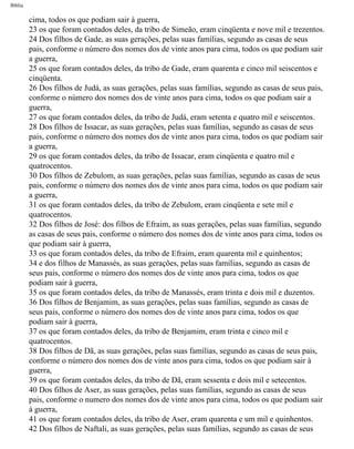 Bíblia
cima, todos os que podiam sair à guerra,
23 os que foram contados deles, da tribo de Simeão, eram cinqüenta e nove mil e trezentos.
24 Dos filhos de Gade, as suas gerações, pelas suas famílias, segundo as casas de seus
pais, conforme o número dos nomes dos de vinte anos para cima, todos os que podiam sair
a guerra,
25 os que foram contados deles, da tribo de Gade, eram quarenta e cinco mil seiscentos e
cinqüenta.
26 Dos filhos de Judá, as suas gerações, pelas suas famílias, segundo as casas de seus pais,
conforme o número dos nomes dos de vinte anos para cima, todos os que podiam sair a
guerra,
27 os que foram contados deles, da tribo de Judá, eram setenta e quatro mil e seiscentos.
28 Dos filhos de Issacar, as suas gerações, pelas suas famílias, segundo as casas de seus
pais, conforme o número dos nomes dos de vinte anos para cima, todos os que podiam sair
a guerra,
29 os que foram contados deles, da tribo de Issacar, eram cinqüenta e quatro mil e
quatrocentos.
30 Dos filhos de Zebulom, as suas gerações, pelas suas famílias, segundo as casas de seus
pais, conforme o número dos nomes dos de vinte anos para cima, todos os que podiam sair
a guerra,
31 os que foram contados deles, da tribo de Zebulom, eram cinqüenta e sete mil e
quatrocentos.
32 Dos filhos de José: dos filhos de Efraim, as suas gerações, pelas suas famílias, segundo
as casas de seus pais, conforme o número dos nomes dos de vinte anos para cima, todos os
que podiam sair à guerra,
33 os que foram contados deles, da tribo de Efraim, eram quarenta mil e quinhentos;
34 e dos filhos de Manassés, as suas gerações, pelas suas famílias, segundo as casas de
seus pais, conforme o número dos nomes dos de vinte anos para cima, todos os que
podiam sair à guerra,
35 os que foram contados deles, da tribo de Manassés, eram trinta e dois mil e duzentos.
36 Dos filhos de Benjamim, as suas gerações, pelas suas famílias, segundo as casas de
seus pais, conforme o número dos nomes dos de vinte anos para cima, todos os que
podiam sair à guerra,
37 os que foram contados deles, da tribo de Benjamim, eram trinta e cinco mil e
quatrocentos.
38 Dos filhos de Dã, as suas gerações, pelas suas famílias, segundo as casas de seus pais,
conforme o número dos nomes dos de vinte anos para cima, todos os que podiam sair à
guerra,
39 os que foram contados deles, da tribo de Dã, eram sessenta e dois mil e setecentos.
40 Dos filhos de Aser, as suas gerações, pelas suas famílias, segundo as casas de seus
pais, conforme o numero dos nomes dos de vinte anos para cima, todos os que podiam sair
à guerra,
41 os que foram contados deles, da tribo de Aser, eram quarenta e um mil e quinhentos.
42 Dos filhos de Naftali, as suas gerações, pelas suas famílias, segundo as casas de seus
file:///C|/cursos_e_livros_cd/Triagem/000000-biblia.html (176 of 1452)29/09/2004 18:26:27
 