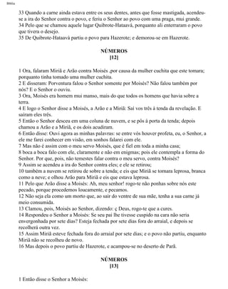 Bíblia
33 Quando a carne ainda estava entre os seus dentes, antes que fosse mastigada, acendeu-
se a ira do Senhor contra o povo, e feriu o Senhor ao povo com uma praga, mui grande.
34 Pelo que se chamou aquele lugar Quibrote-Hataavá, porquanto ali enterraram o povo
que tivera o desejo.
35 De Quibrote-Hataavá partiu o povo para Hazerote; e demorou-se em Hazerote.
NÚMEROS
[12]
1 Ora, falaram Miriã e Arão contra Moisés ,por causa da mulher cuchita que este tomara;
porquanto tinha tomado uma mulher cuchita.
2 E disseram: Porventura falou o Senhor somente por Moisés? Não falou também por
nós? E o Senhor o ouviu.
3 Ora, Moisés era homem mui manso, mais do que todos os homens que havia sobre a
terra.
4 E logo o Senhor disse a Moisés, a Arão e a Miriã: Saí vos três à tenda da revelação. E
saíram eles três.
5 Então o Senhor desceu em uma coluna de nuvem, e se pôs à porta da tenda; depois
chamou a Arão e a Miriã, e os dois acudiram.
6 Então disse: Ouvi agora as minhas palavras: se entre vós houver profeta, eu, o Senhor, a
ele me farei conhecer em visão, em sonhos falarei com ele.
7 Mas não é assim com o meu servo Moisés, que é fiel em toda a minha casa;
8 boca a boca falo com ele, claramente e não em enigmas; pois ele contempla a forma do
Senhor. Por que, pois, não temestes falar contra o meu servo, contra Moisés?
9 Assim se acendeu a ira do Senhor contra eles; e ele se retirou;
10 também a nuvem se retirou de sobre a tenda; e eis que Miriã se tornara leprosa, branca
como a neve; e olhou Arão para Miriã e eis que estava leprosa.
11 Pelo que Arão disse a Moisés: Ah, meu senhor! rogo-te não ponhas sobre nós este
pecado, porque procedemos loucamente, e pecamos.
12 Não seja ela como um morto que, ao sair do ventre de sua mãe, tenha a sua carne já
meio consumida.
13 Clamou, pois, Moisés ao Senhor, dizendo: ç Deus, rogo-te que a cures.
14 Respondeu o Senhor a Moisés: Se seu pai lhe tivesse cuspido na cara não seria
envergonhada por sete dias? Esteja fechada por sete dias fora do arraial, e depois se
recolherá outra vez.
15 Assim Miriã esteve fechada fora do arraial por sete dias; e o povo não partiu, enquanto
Miriã não se recolheu de novo.
16 Mas depois o povo partiu de Hazerote, e acampou-se no deserto de Parã.
NÚMEROS
[13]
1 Então disse o Senhor a Moisés:
file:///C|/cursos_e_livros_cd/Triagem/000000-biblia.html (196 of 1452)29/09/2004 18:26:28
 