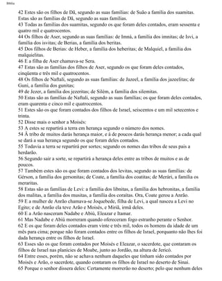 Bíblia
42 Estes são os filhos de Dã, segundo as suas famílias: de Suão a família dos suamitas.
Estas são as famílias de Dã, segundo as suas famílias.
43 Todas as famílias dos suamitas, segundo os que foram deles contados, eram sessenta e
quatro mil e quatrocentos.
44 Os filhos de Aser, segundo as suas famílias: de Imná, a família dos imnitas; de Isvi, a
família dos isvitas; de Berias, a família dos beritas.
45 Dos filhos de Berias: de Heber, a família dos heberitas; de Malquiel, a família dos
malquielitas.
46 E a filha de Aser chamava-se Sera.
47 Estas são as famílias dos filhos de Aser, segundo os que foram deles contados,
cinqüenta e três mil e quatrocentos.
48 Os filhos de Naftali, segundo as suas famílias: de Jazeel, a família dos jazeelitas; de
Guni, a família dos gunitas;
49 de Jezer, a família dos jezeritas; de Silém, a família dos silemitas.
50 Estas são as famílias de Naftali, segundo as suas famílias; os que foram deles contados,
eram quarenta e cinco mil e quatrocentos.
51 Estes são os que foram contados dos filhos de Israel, seiscentos e um mil setecentos e
trinta.
52 Disse mais o senhor a Moisés:
53 A estes se repartirá a terra em herança segundo o número dos nomes.
54 Â tribo de muitos darás herança maior, e à de poucos darás herança menor; a cada qual
se dará a sua herança segundo os que foram deles contados.
55 Todavia a terra se repartirá por sortes; segundo os nomes das tribos de seus pais a
herdarão.
56 Segundo sair a sorte, se repartirá a herança deles entre as tribos de muitos e as de
poucos.
57 Também estes são os que foram contados dos levitas, segundo as suas famílias: de
Gérson, a família dos gersonitas; de Coate, a família dos coatitas; de Merári, a família os
meraritas.
58 Estas são as famílias de Levi: a família dos libnitas, a família dos hebronitas, a família
dos malitas, a família dos musitas, a família dos coraítas. Ora, Coate gerou a Anrão.
59 E a mulher de Anrão chamava-se Joquebede, filha de Levi, a qual nasceu a Levi no
Egito; e de Anrão ela teve Arão e Moisés, e Miriã, irmã deles.
60 E a Arão nasceram Nadabe e Abiú, Eleazar e Itamar.
61 Mas Nadabe e Abiú morreram quando ofereceram fogo estranho perante o Senhor.
62 E os que foram deles contados eram vinte e três mil, todos os homens da idade de um
mês para cima; porque não foram contados entre os filhos de Israel, porquanto não lhes foi
dada herança entre os filhos de Israel.
63 Esses são os que foram contados por Moisés e Eleazar, o sacerdote, que contaram os
filhos de Israel nas planícies de Moabe, junto ao Jordão, na altura de Jericó.
64 Entre esses, porém, não se achava nenhum daqueles que tinham sido contados por
Moisés e Arão, o sacerdote, quando contaram os filhos de Israel no deserto de Sinai.
65 Porque o senhor dissera deles: Certamente morrerão no deserto; pelo que nenhum deles
file:///C|/cursos_e_livros_cd/Triagem/000000-biblia.html (219 of 1452)29/09/2004 18:26:28
 