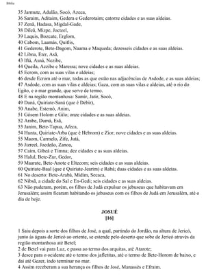 Bíblia
35 Jarmute, Adulão, Socó, Azeca,
36 Saraim, Aditaim, Gedera e Gederotaim; catorze cidades e as suas aldeias.
37 Zenã, Hadasa, Migdal-Gade,
38 Dileã, Mizpe, Jocteel,
39 Laquis, Bozcate, Erglom,
40 Cabom, Laamás, Quitlis,
41 Gederote, Bete-Dagom, Naama e Maqueda; dezesseis cidades e as suas aldeias.
42 Libna, Eter, Asã,
43 Iftá, Asná, Nezibe,
44 Queila, Aczibe e Maressa; nove cidades e as suas aldeias.
45 Ecrom, com as suas vilas e aldeias;
46 desde Ecrom até o mar, todas as que estão nas adjacências de Asdode, e as suas aldeias;
47 Asdode, com as suas vilas e aldeias; Gaza, com as suas vilas e aldeias, até o rio do
Egito, e o mar grande, que serve de termo.
48 E na região montanhosa: Samir, Jatir, Socó,
49 Daná, Quiriate-Saná (que é Debir),
50 Anabe, Estemó, Anim,
51 Gósem Holom e Gilo; onze cidades e as suas aldeias.
52 Arabe, Dumá, Esã,
53 Janim, Bete-Tapua, Afeca,
54 Hunta, Quiriate-Arba (que é Hebrom) e Zior; nove cidades e as suas aldeias.
55 Maom, Carmelo, Zife, Jutá,
56 Jizreel, Jocdeão, Zanoa,
57 Caim, Gibeá e Timna; dez cidades e as suas aldeias.
58 Halul, Bete-Zur, Gedor,
59 Maarate, Bete-Anote e Eltecom; seis cidades e as suas aldeias.
60 Quiriate-Baal (que é Quiriate-Jearim) e Rabá; duas cidades e as suas aldeias.
61 No deserto: Bete-Arabá, Midim, Secaca,
62 Nibsã, a cidade do Sal e En-Gedi; seis cidades e as suas aldeias.
63 Não puderam, porém, os filhos de Judá expulsar os jebuseus que habitavam em
Jerusalém; assim ficaram habitando os jebuseus com os filhos de Judá em Jerusalém, até o
dia de hoje.
JOSUÉ
[16]
1 Saiu depois a sorte dos filhos de José, a qual, partindo do Jordão, na altura de Jericó,
junto às águas de Jericó ao oriente, se estende pelo deserto que sobe de Jericó através da
região montanhosa até Betel;
2 de Betel vai para Luz, e passa ao termo dos arquitas, até Atarote;
3 desce para o ocidente até o termo dos jafletitas, até o termo de Bete-Horom de baixo, e
daí até Gezer, indo terminar no mar.
4 Assim receberam a sua herança os filhos de José, Manassés e Efraim.
file:///C|/cursos_e_livros_cd/Triagem/000000-biblia.html (305 of 1452)29/09/2004 18:26:28
 